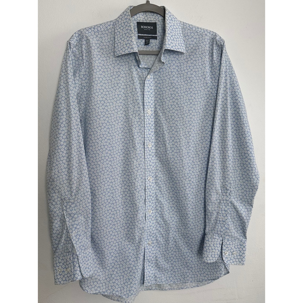 Bonobos Mens Floral Dress Shirt 15.5 34 Tailored Slim Fit Blue Daisy